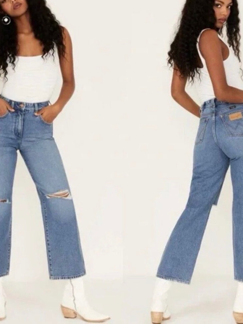 Wrangler Light Blue Wide Leg Distressed Cropped Jeans, Size 32
